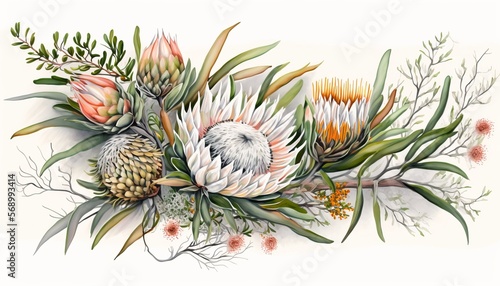 Protea flower, Australian natives flowers. Contemporary illustration in modern minimal Boho style. Wedding, Mother's day, Birthday theme. Generative AI.