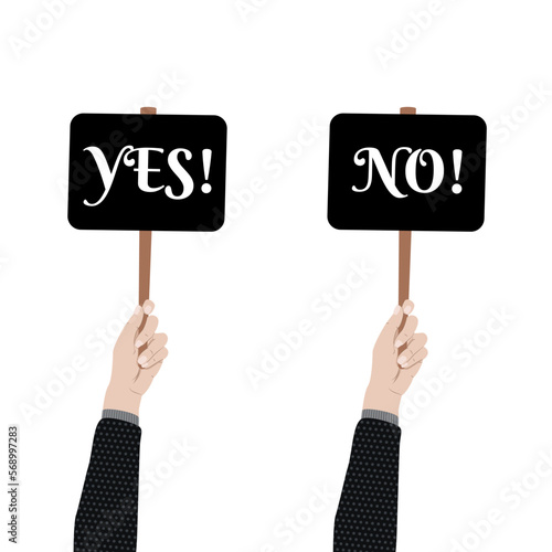 Uniesiona ręka ze znakiem z napisem "tak" i "nie". Czarna tabliczka z białym napisem. Ilustracja wektorowa.