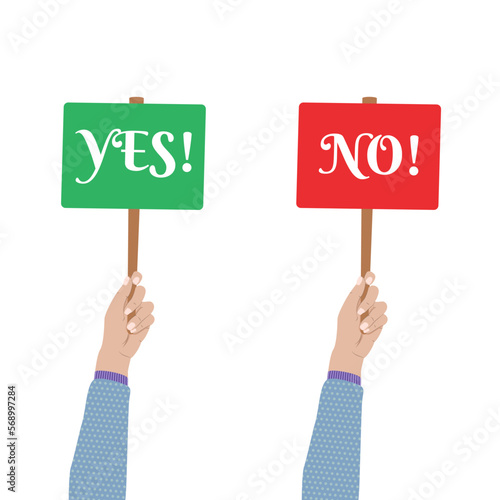 Uniesiona ręka ze znakiem z napisem "tak" i "nie". Zielony i czerwony znak. Ilustracja wektorowa.