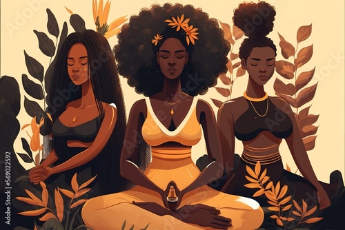 Three African American women meditating. Wellness and spirituality concept. Generative AI illustration