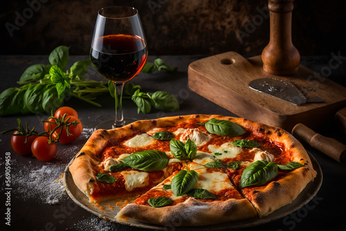 Pizza with Charred Tomato Sauce and Fresh Basil , glass of red wine on the side. Generative AI