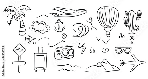 Concept black set of doodle travel icons and elements on a white background. Isolated drawing vector illustration.