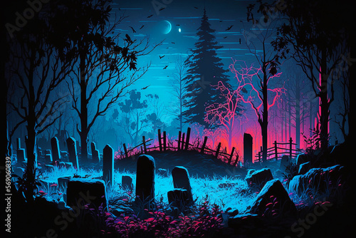 moonlit cemetery on a field. Generative AI