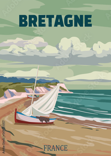 Travel poster Bretagne France, vintage sailboat, seascape sand seashore landscape