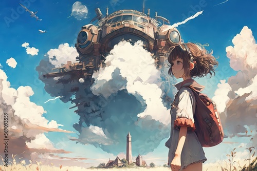 Girl with sky fantasy floating machine above the small town. Anime girl. Digital art style, Illustration painting. Generative AI.