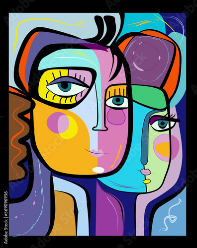 Colorful background, cubism art style,abstracts faces,two friends