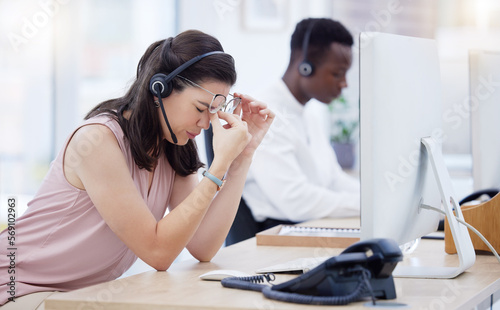 Stress, headache and call center woman with burnout from working at a telemarketing company. Contact us, customer service and consultant tired of anxiety, migraine pain and problem during web support