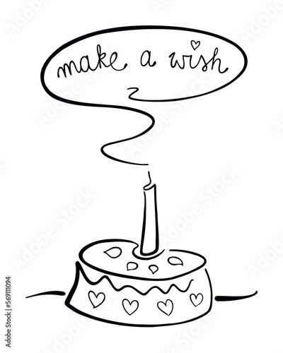 Tort urodzinowy ze zdmuchniętą świeczką, pomyśl życzenie. Czarno-biała ilustracja wektorowa, prosty rysunek odręczny. Torcik na urodziny, rocznica, zgaszona świeczka 