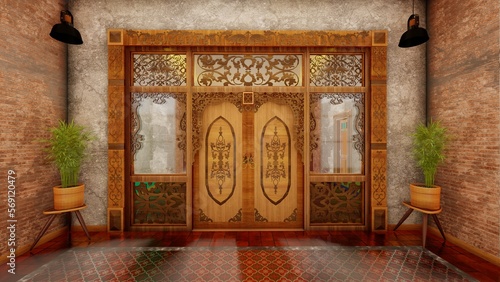 Javanese traditional doors and windows, with unfinished walls, 3D Rendering