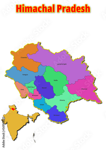 Map of Himachal Pradesh Union Territor with names of regions. Vector illustration of geographical map of Himachal Pradesh Union Territor depicted on the map of India. 