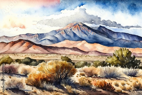 Mountain range landscape New Mexico watercolor, Generative AI