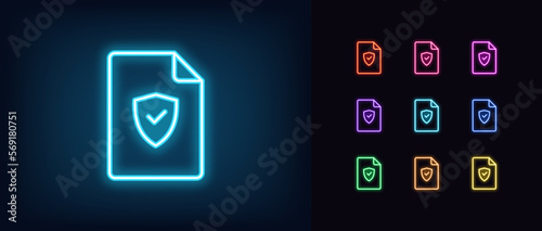 Outline neon verified file icon set. Glowing neon document frame with shield and tick sign, secure deal pictogram. Guarantee document and business contract, safe agreement, checked report.