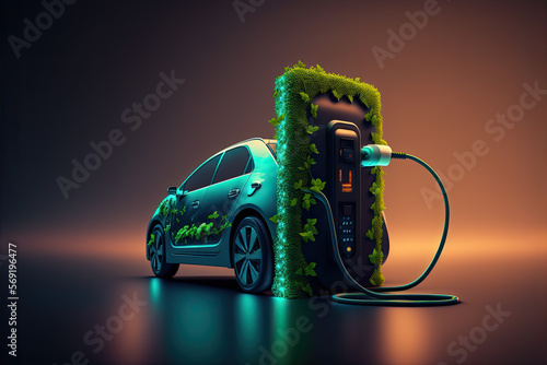 Car charging with electric energy with dark background. Clean energy concept. Concept of caring for the planet. Generative AI