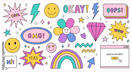 Set of trendy badges or stickers in the style of the 90s. Bright patches with smiling faces, lightnings, diamonds, stars and speech bubbles with the text Yeah, Oops, Cool, Wow. Nostalgia for the 1990s