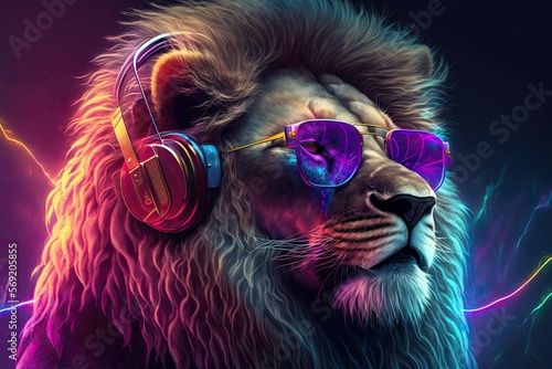 Mighty rasta lion in earphones and mirror glasses on abstract magenta background. 80s vibe, Rastafarian culture, synthwave style, AI Generative.