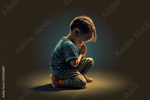 Child kneeling in prayer to god, vector. Generative AI.