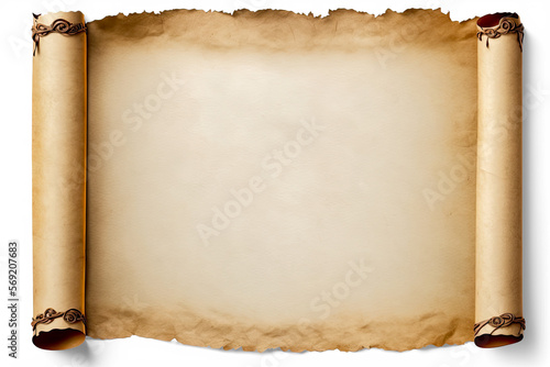 Mockup of an ancien parchment sroll on alpha transparent background, AI generated illustration