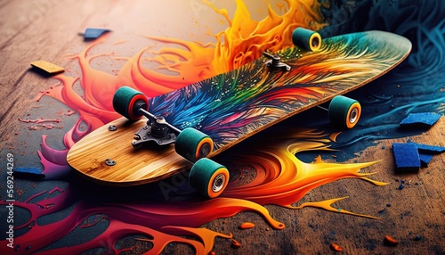  a skateboard with a colorful design on it sitting on a floor with paint splatters all over the floor and a wooden floor. generative ai
