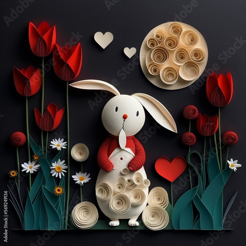 knolling,paper quilling, two super cute and sweet cute white rabbit, wearing a red hat,wearing gold necklace,beautiful big-black-eyed rabbit, symmetric ears,wearing a big red sweater sitti