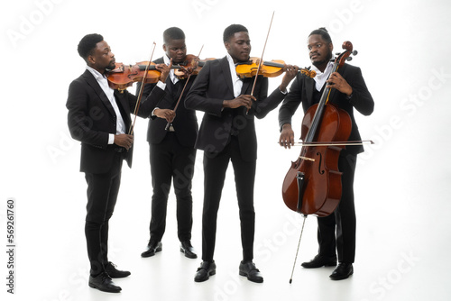 Studio portrait of a string quartet on a white background. African americans