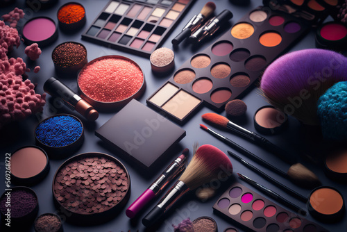 Abstract flat lay background with professional make-up products. Beauty industry accessories. Top view. AI generative image.