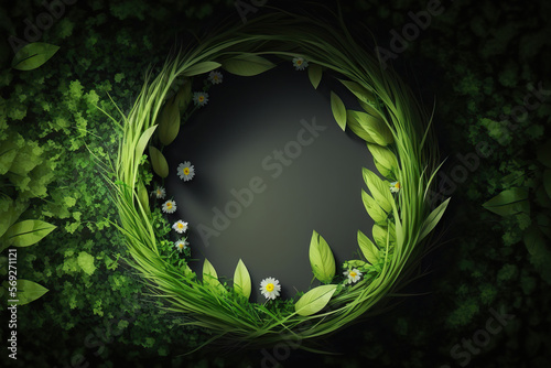 Beautiful abstract spring green grass background with copy space. Herbal rounded frame. Blank place for text. Ai generative image.