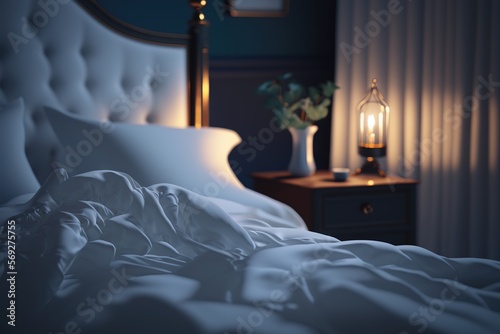  a bed with a white comforter next to a night stand with a vase of flowers and a lamp on top of the headboard. generative ai