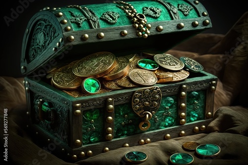 green treasure chest full of coin, idea for Saint Patrick's day celebrate background wallpaper, Generative Ai