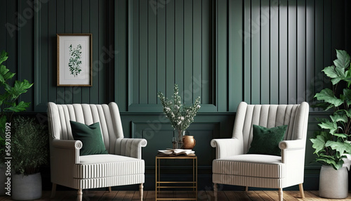 Interior design of living room with white armchairs over the dark green planks paneling wall. Farmhouse style. Home design. 3d rendering