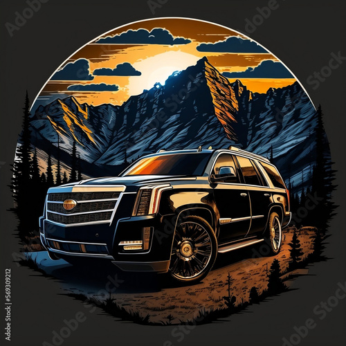 Generative AI Black Luxury Cadillac Escalade during sunset with mountains in the background