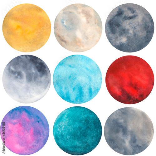 Watercolor Space Clipart. Watercolor cosmos set. Planets, stars, comet, moon clipart isolated. Stylized vintage planet. Hand drawn stock illustration. Vintage planets collection isolated