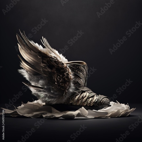 Winged shoes, viking style, fur and feathers, productphotography, generative ai