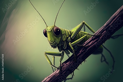 Close-up of a grasshopper perched on a branch, vertical Generative AI