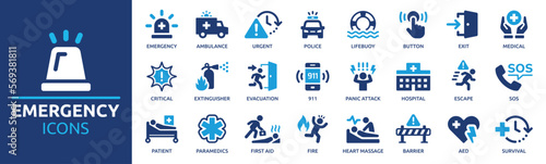 Emergency icon set. Containing ambulance, lifebuoy, first aid, police, medical, emergency exit, hospital and SOS icons. Solid icon collection.