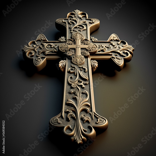 A close up 3D illustration of an ornate byzantine metal orthodox Christian cross isolated on a black background, presented in perspective, created with Generative AI technology