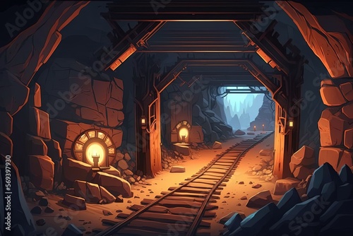 Underground mine with wooden structure and rails. 2D game background. Digital illustration of scenery for an adventure game, Generative AI
