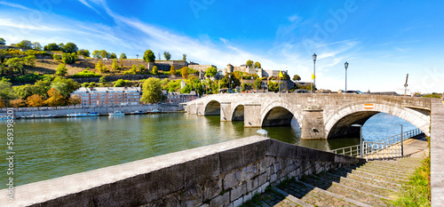 The stone arches of the bridge of Jambes over the Meuse at the foot of the hill of the Citadel of Namur, Belgium
