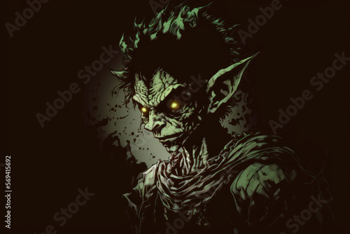 portrait of green goblin in the shadows, digital art style