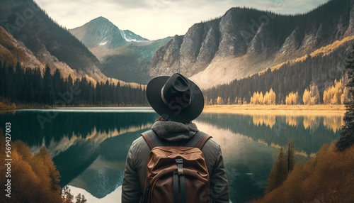 Tourist backpacker with a backpack looking at the beautiful view of the lake and mountains. Concept of travel and tourism, generative ai