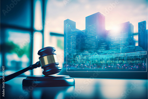 Judicial decision in the field of big business symbolized by an imposing judge's gavel in a digital environment. Ideal for legal and marketing protection. Generative AI