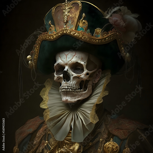 A Painting of a Skeleton Wearing 1600s Clothing