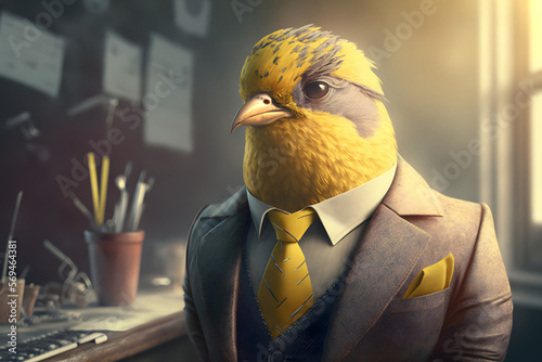 Portrait d'un canari anthropomorphe businessman travaillant dans les bureaux de sa société » IA générative
