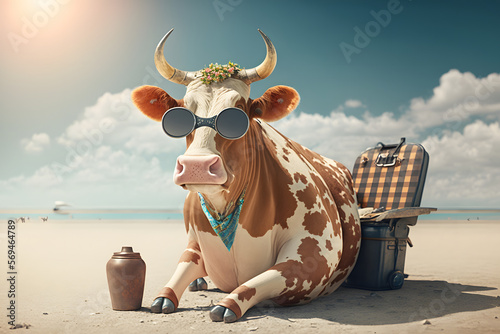 Portrait d'une vache en vacances à la mer » IA générative