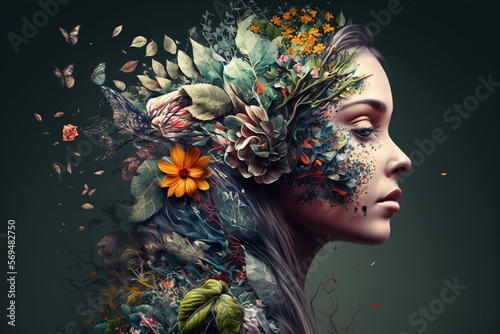 Beautiful girl symbolising Mother nature concept seamlessly merged with beautiful face portrait of a young woman. Ai generated