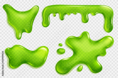 Green slime, jelly stain, liquid dripping snot or glue realistic vector isolated illustration on transparent background. Blot of toxic phlegm or slimy poison splash