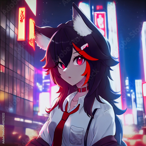 a anime wolf girl Josei art style she has black h