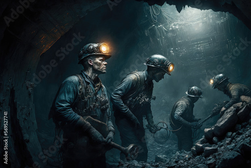 Miners with headlights working in a mine. Generation AI