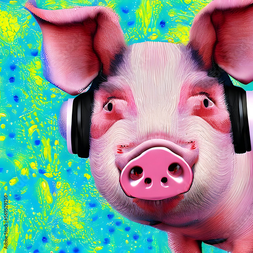 Schwein mit Kopfhöhrer. Biopunk