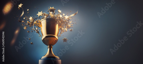 Banner Champion golden trophy with gold stars on blue dark background. Generation AI