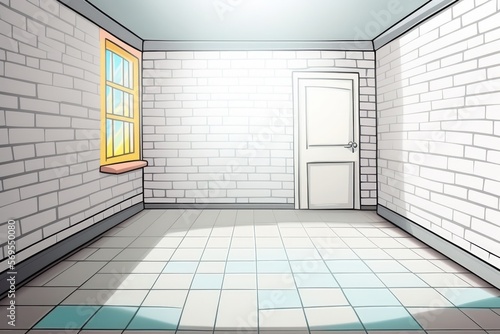 Bright room with tile floor and brick white wall background. Generative AI